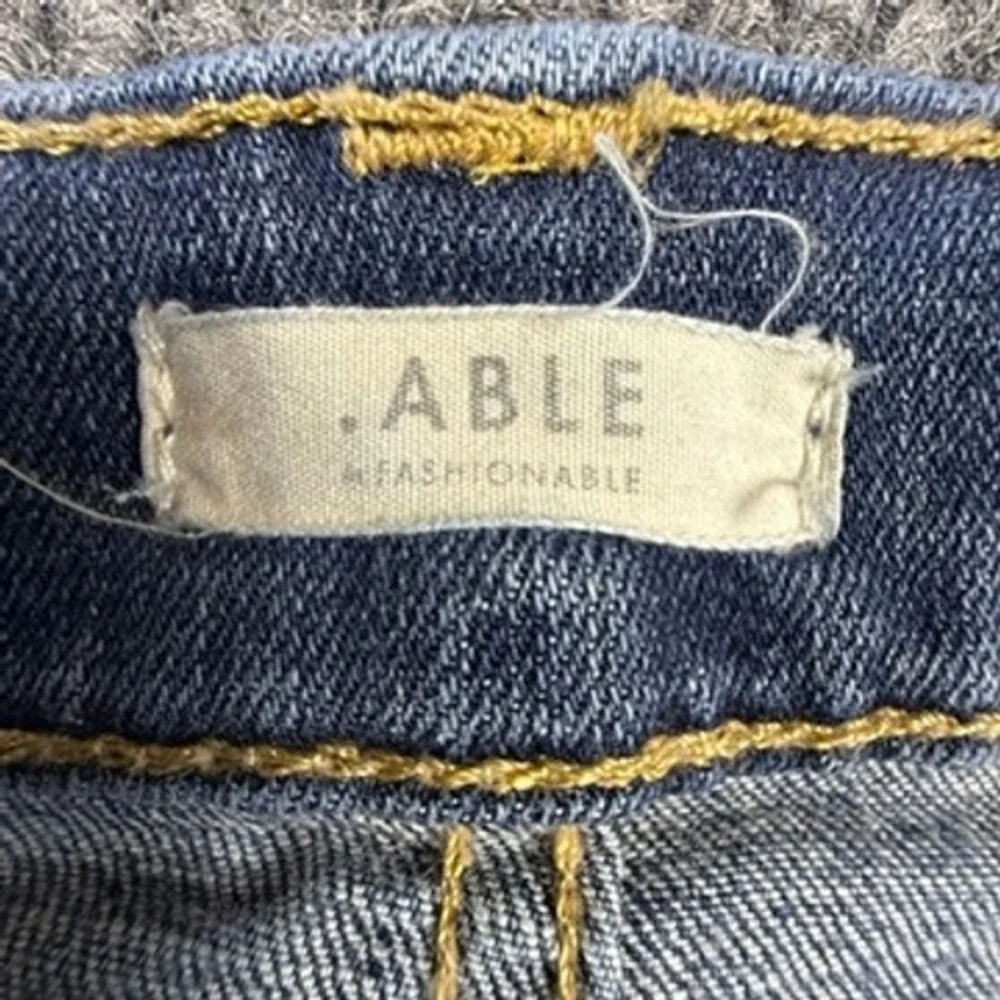 ABLE The High Rise Skinny Jeans Blue Distressed Raw Hem Women Size 26